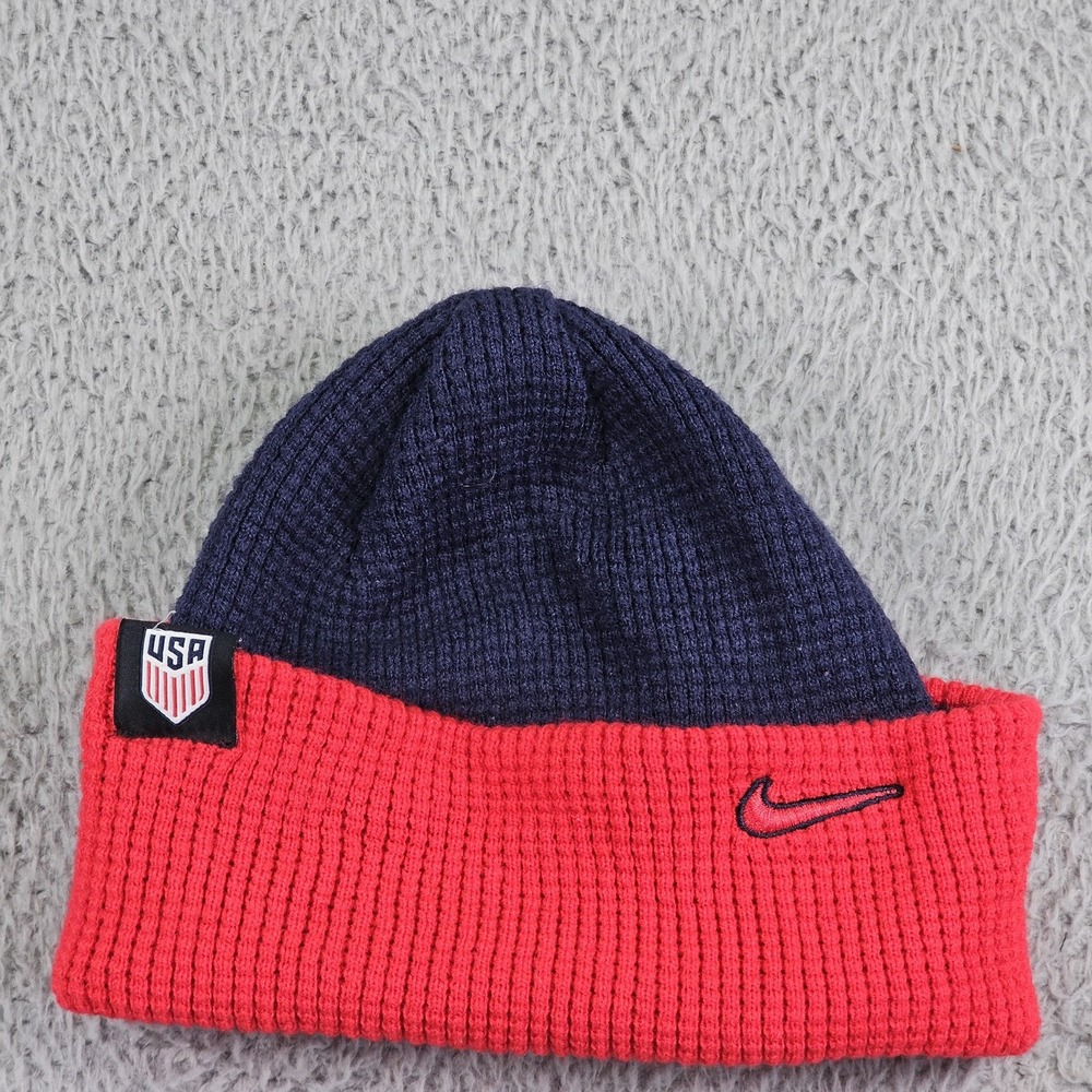 USA Soccer Hat Beanie Mens One Size Red Blue Knit Cuffed Warm Winter Nike‎